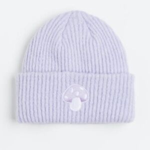 H&M light purple and embroidered mushroom chunky tuque hat beanie NWT